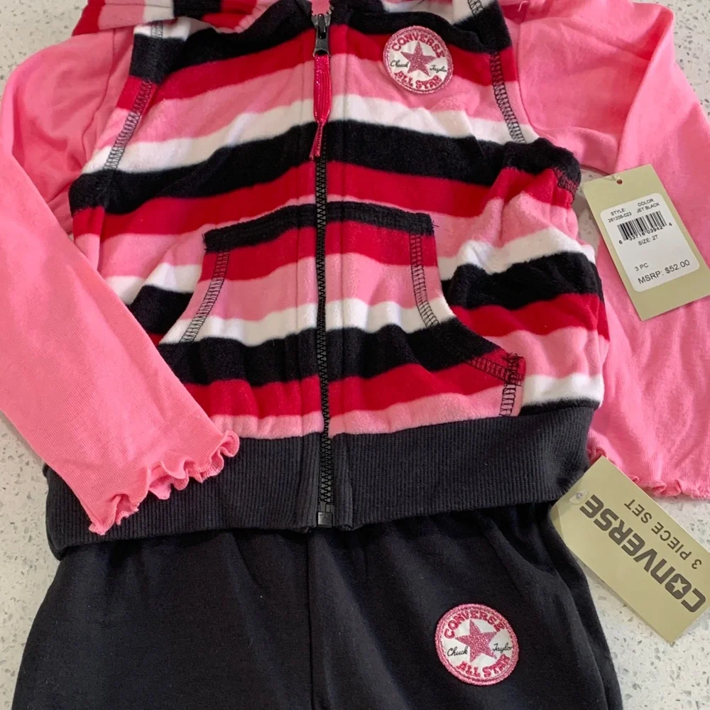 Converse Pink Black White Striped Hoodie Set